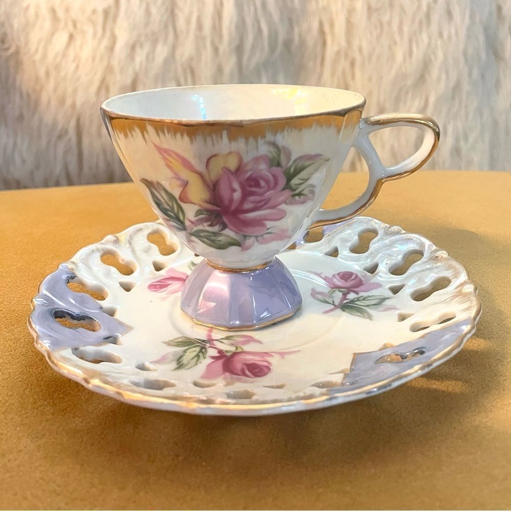 Vintage Norcrest Cup & Saucer Luster Floral Design